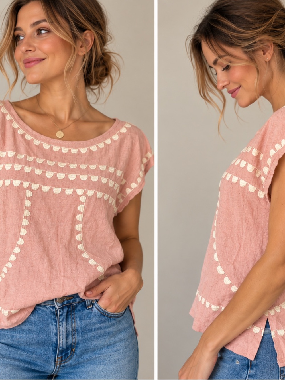 Las Tres Marias Large L Pink Embroidered Sleeveless Top Women’s Linen Cotton ?